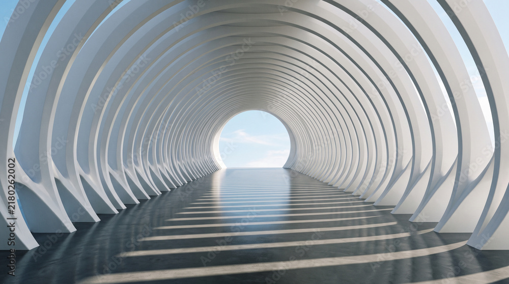 Fototapeta premium Futuristic white tunnel with circular arches and reflective floor leading to a bright blue sky view