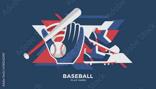 Abstract graphic design featuring baseball equipment like a white ball, leather glove, wooden bat, and cleats.