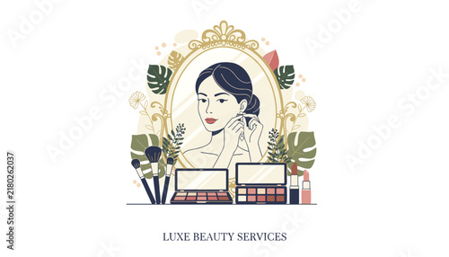 Elegant cosmetic poster for luxe beauty services showing a beautiful woman applying makeup in a golden mirror.