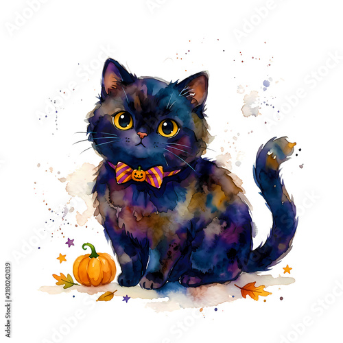 Elegant Black Cat Watercolor Illustration with Golden Eyes and Graceful Whimsical Expression