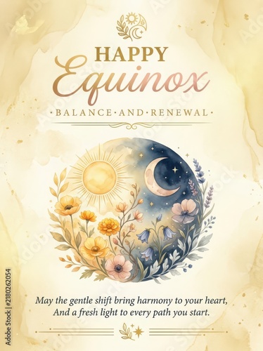 Happy equinox celebration with balance and renewal floral design and celestial elements