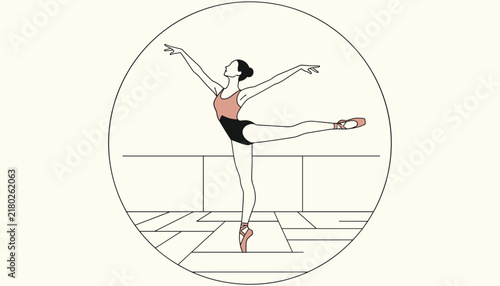 Graceful female ballet dancer performing an elegant pose inside a minimalist circular frame background.