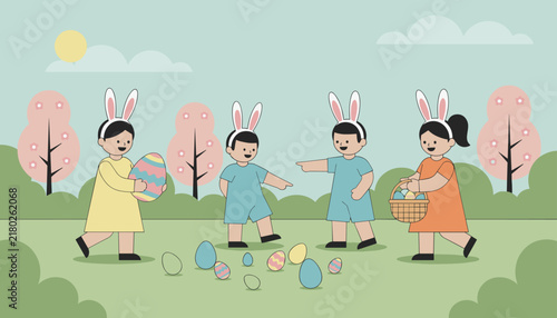 Group of happy children wearing cute bunny ears hunting and gathering colorful Easter eggs in a grassy park.
