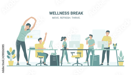 Wellness break in a corporate office with happy diverse employees stretching and drinking water during work.