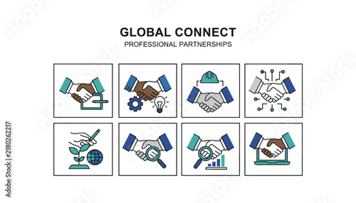 Business partnership icon set featuring diverse handshakes, global connections, teamwork symbols, and collaborative agreement concepts.