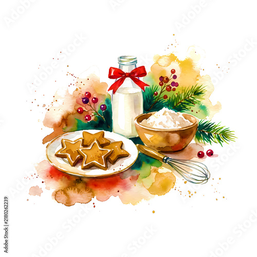 Cute Cookies and Milk Watercolor Illustration with Homemade Dessert and Cozy Sweet Details