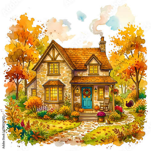 Cozy Thanksgiving Home Watercolor Illustration with Warm Autumn Decorations and Harvest Details