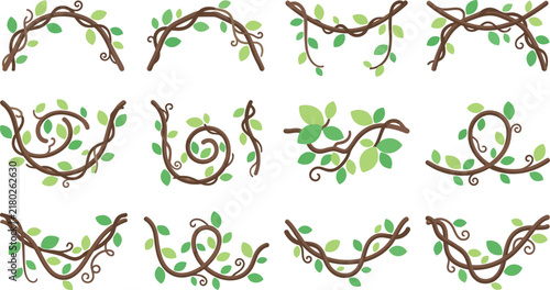 Set of decorative tree vine branches with green leaves and curling stems for nature themed graphic design elements
