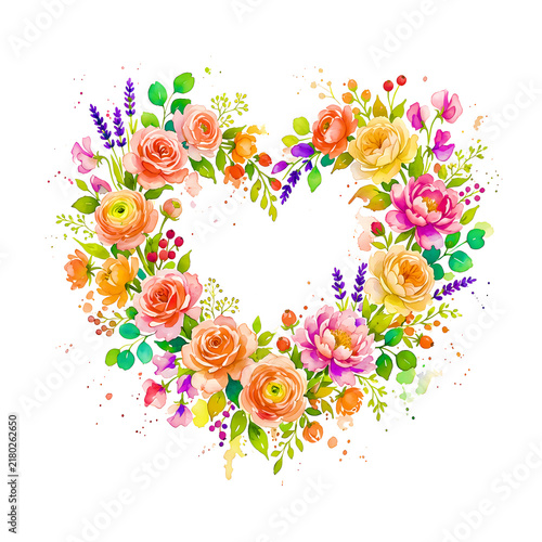 Romantic Floral Heart Shaped Wreath Watercolor Illustration with Delicate Botanical Flowers