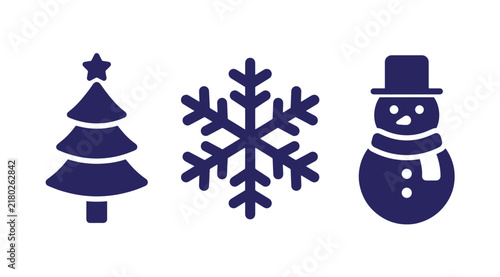 Christmas icons set featuring blue tree snowflake and snowman silhouette graphics winter icon seasonal graphic snowflake holiday symbol festive sign celebration december