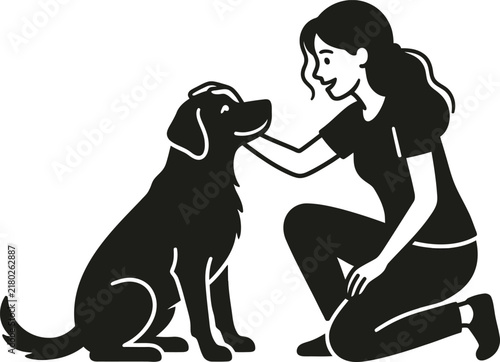 Happy young woman petting her cute dog sitting on the ground