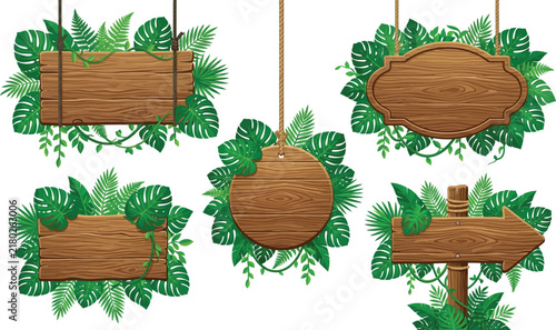 Set of wooden signs decorated with green tropical leaves and hanging ropes on a clean isolated background