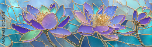 European Style Gilded Glass Lotus Flowers Blue Purple Enamel Illustration