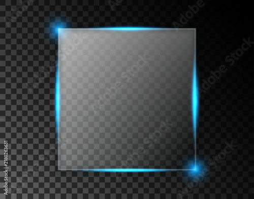 Transparent glass panel with glowing blue neon border for futuristic digital interface design.