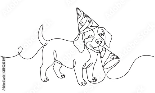 Continuous single line of a cute puppy dog wearing a festive party hat and holding a party horn in its mouth, minimalist isolated on a white background, celebration