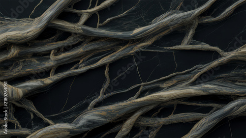 Intertwined tree roots create a dramatic textured background with dark tones