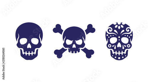 Three blue skull icons including human skull crossbones decorated sugar skull silhouette white background crossbones silhouette skeleton halloween ornament