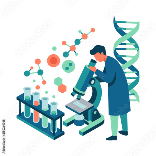 Biomedical Research and Biotechnology Laboratory Concept with Scientist, DNA Structure, Molecular Analysis and Medical Science