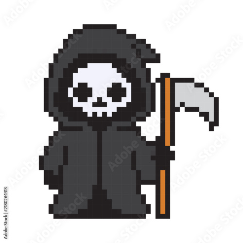 Pixel art Grim Reaper character holding a scythe. Cute 8-bit skull reaper in dark hooded cloak. Halloween pixelated vector illustration isolated on white background.