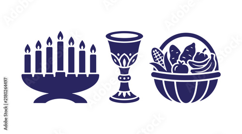 Jewish holiday symbols including menorah candles goblet and basket of harvest fruits with religious symbols blue graphic vector icons festive elements cornucopia hanukkah