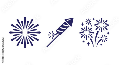 Set of blue fireworks and firecracker vector icons for celebration and holidays with fireworks burst firecracker rocket starry fireworks holiday fireworks party elements