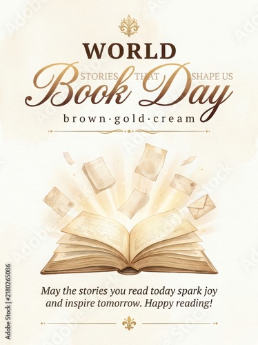 World book day celebration with open book and floating pages design