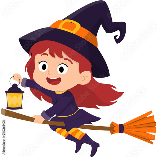 Cartoon Witch Flying on Broom Illustration