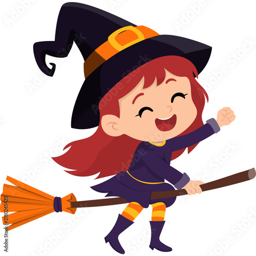 Cartoon Witch Flying on Broom Illustration