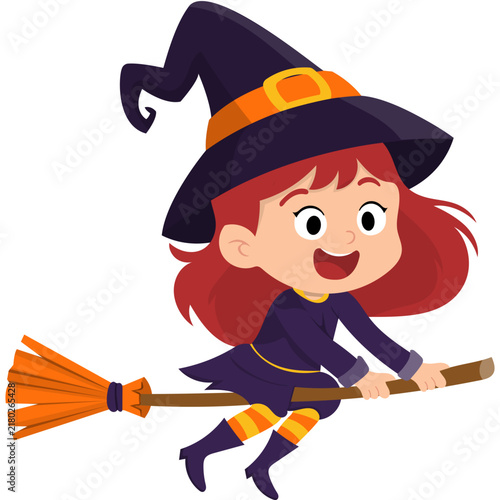 Cartoon Witch Flying on Broom Illustration