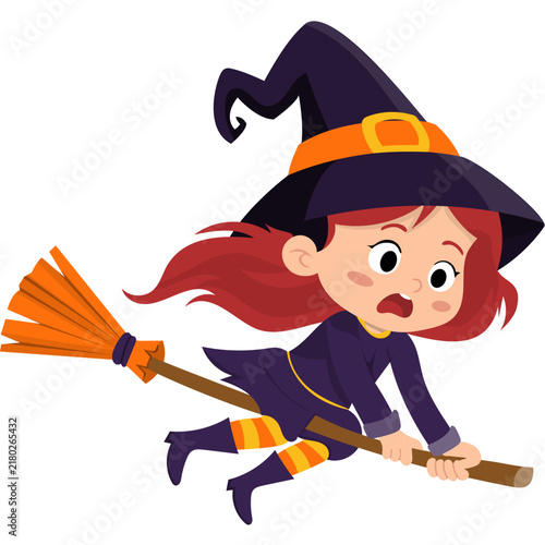 Cartoon Witch Flying on Broom Illustration