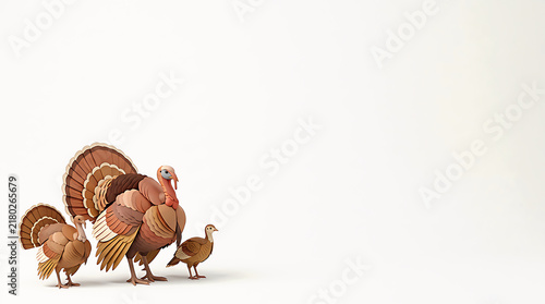 A turkey bird family with chicks standing together in a group