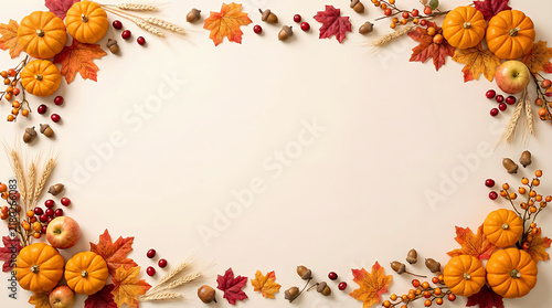 Autumn border frame made of pumpkins leaves and acorns for thanksgiving holiday design