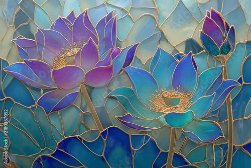 European Style Gilded Glass Lotus Flowers Blue Purple Enamel Illustration