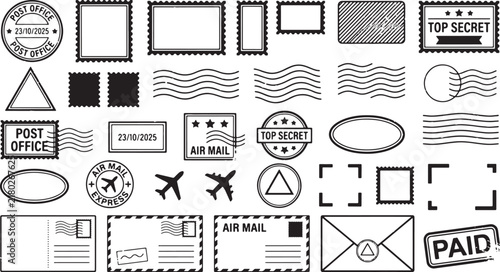 Postal stamp and mail cancellation set, featuring air mail symbols and post office marks