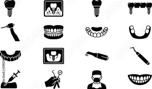 Dental Implant and Prosthodontic Surgery Icon Set - Tooth Screw, Dental Bridge, X-Ray, Drill, Syringe, and Dentist Vector Silhouette Illustrations