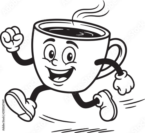 Running coffee cup character with a happy face on a white background, for cafe mascot branding