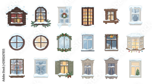 Snowy Window Winter Scene Vector Set With Cozy Christmas Landscape