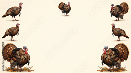 Set of wild turkey birds standing in different poses for thanksgiving design elements