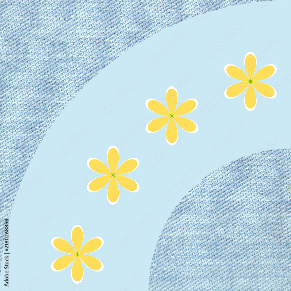 Design features four simple yellow flowers with white outlines arranged in a smooth curve along a light blue band. The top left and bottom right corners showcase a light blue denim fabric texture.