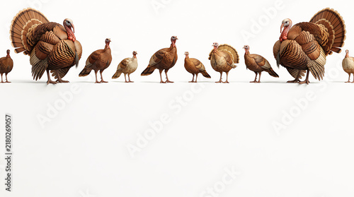 Group of wild turkeys standing in a row as a decorative border illustration