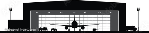 Airplane Hangar Silhouette Vector with Passenger Jet, Ground Support Vehicles, and Industrial Airport Building Graphics for Aviation Maintenance, Logistics, and Travel Concept Art.