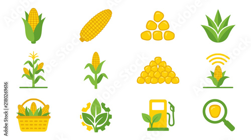 Corn icons vector set representing agricultural production, harvest, and cultivation processes on a clean background.