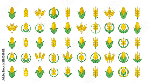 Cereal symbols collection features an array of stylized corn cobs and wheat stalks arranged in rows.