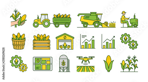 Agriculture icons showcasing farming equipment like tractors, harvesters, barns, grain silos, and corn production charts on a white background.