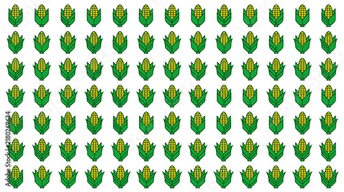 Corn pattern consists of a repeating grid of identical green and yellow vegetable cobs on a white background.