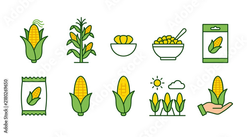 Corn icons display various agricultural processes from farming to harvest and food preparation in a clean vector style.
