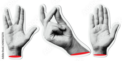 Halftone pop art hands making vulcan salute snap and open palm gestures with red cut wrists retro collage set
