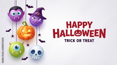 
Halloween character vector background design. Happy halloween trick or treat text in white space with hanging scary pumpkin, skull, and witch horror characters. Vector