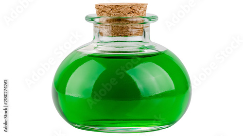 Canvastavla Round glass potion bottle with cork stopper filled with green liquid, isolated o
