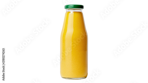 Fotografía Clear glass bottle filled with bright orange juice sealed with a green cap, isol